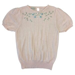 Boundary Waters Pink Knit Puff Sleeve Floral Embroidered Top Women Cottagecore